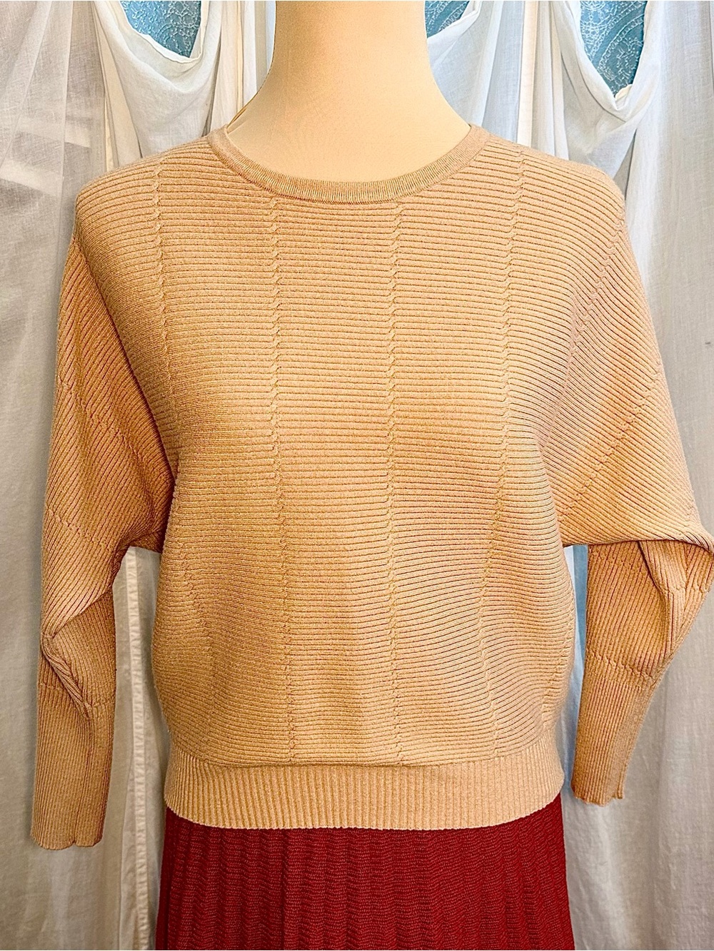 Tahari Ribbed Cropped Batwing Dolman Sweater – Camel Tan Sz L - Picture 2 of 6